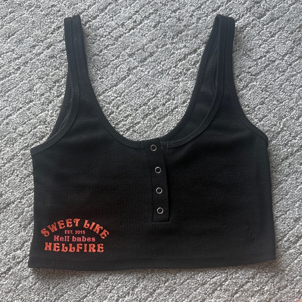 Black Ribbed Scoop Neck Crop Tank with Red 'Sweet Like Hellfire' Graphic